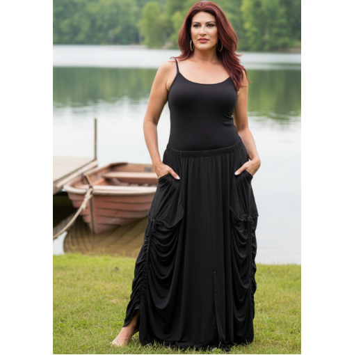 Boho Elastic Waist Pockets Maxi Skirt - The Bohemian Closet