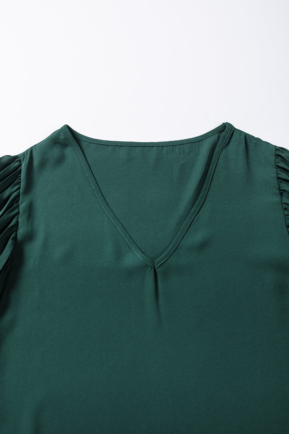 Blackish Green 3/4 Pleated Bell Sleeve V Neck Blouse