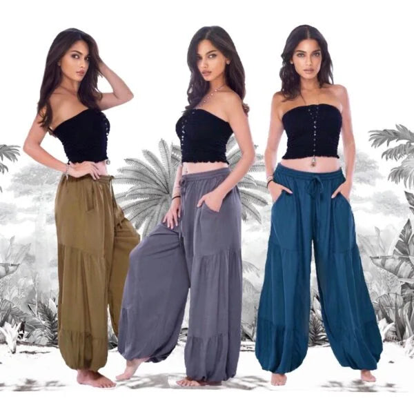 Joanna Gathered Tiers Pockets Elastic Waist Pants - The Bohemian Closet