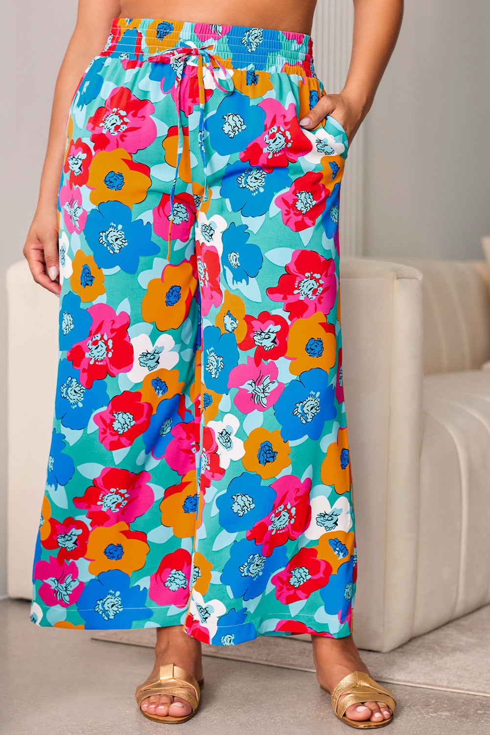 Brynleigh Multicolor Abstract Floral Print Wide Leg Pants - The Bohemian Closet