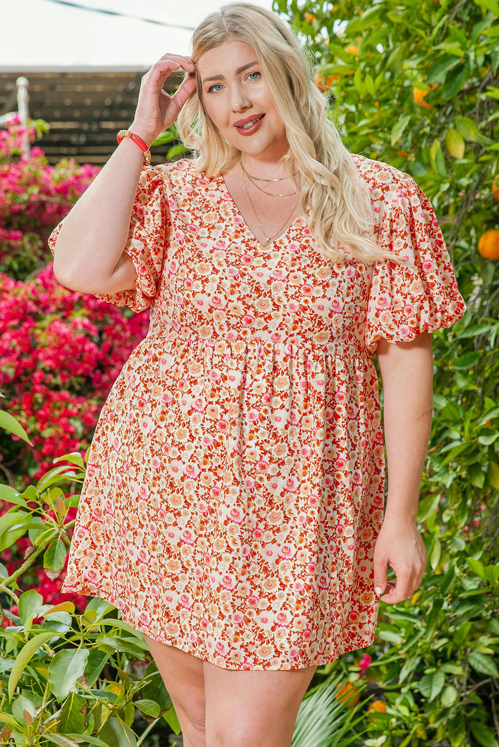 Multicolor Plus Size Floral Print Puff Sleeves Dress