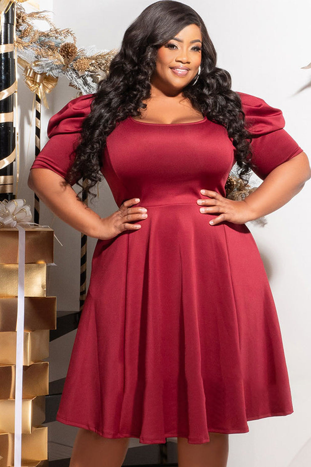 Fiery Red Plus Size Ruched Puff Sleeves Fit Flare Midi Dress