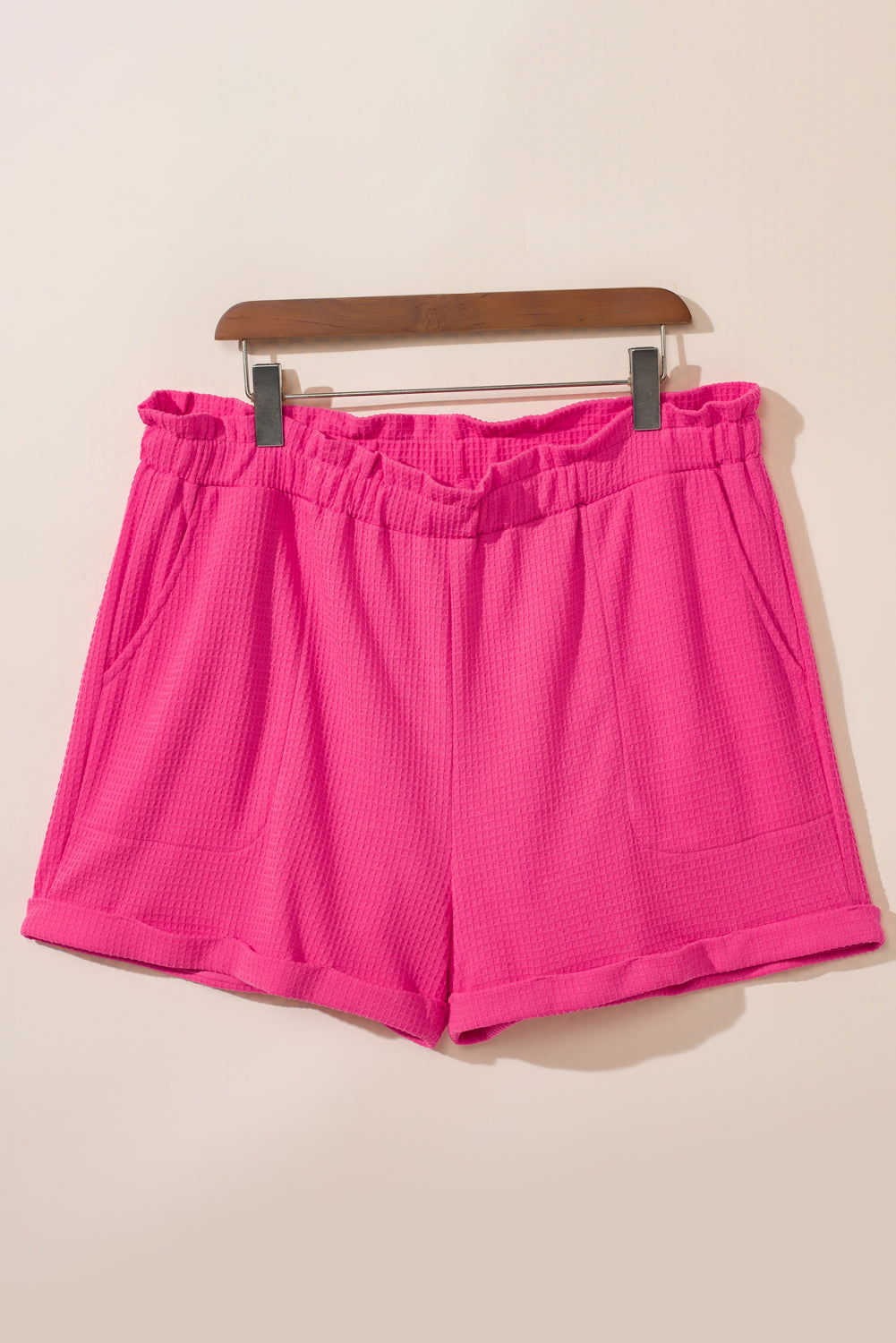 Bright Pink Plus Size Rolled Edge Ruffled Elastic Waist Textured Shorts