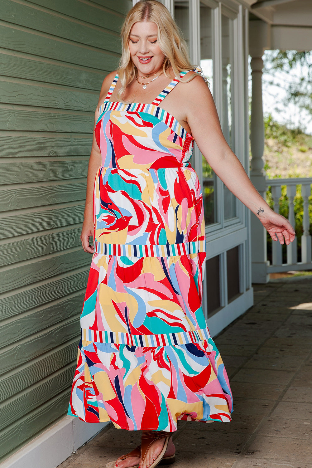 Multicolor Bohemian Abstract Print Tie Straps Maxi Dress