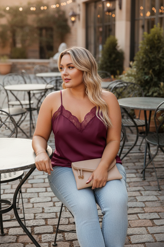 Ashley Wine Lacy Neckline Tank - The Bohemian Closet