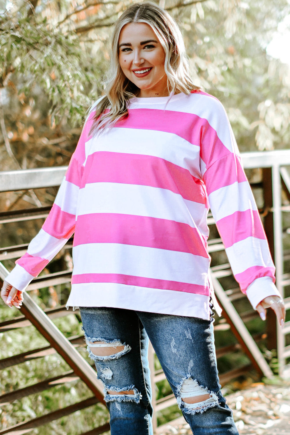 Pink and on sale white striped sweatshirt