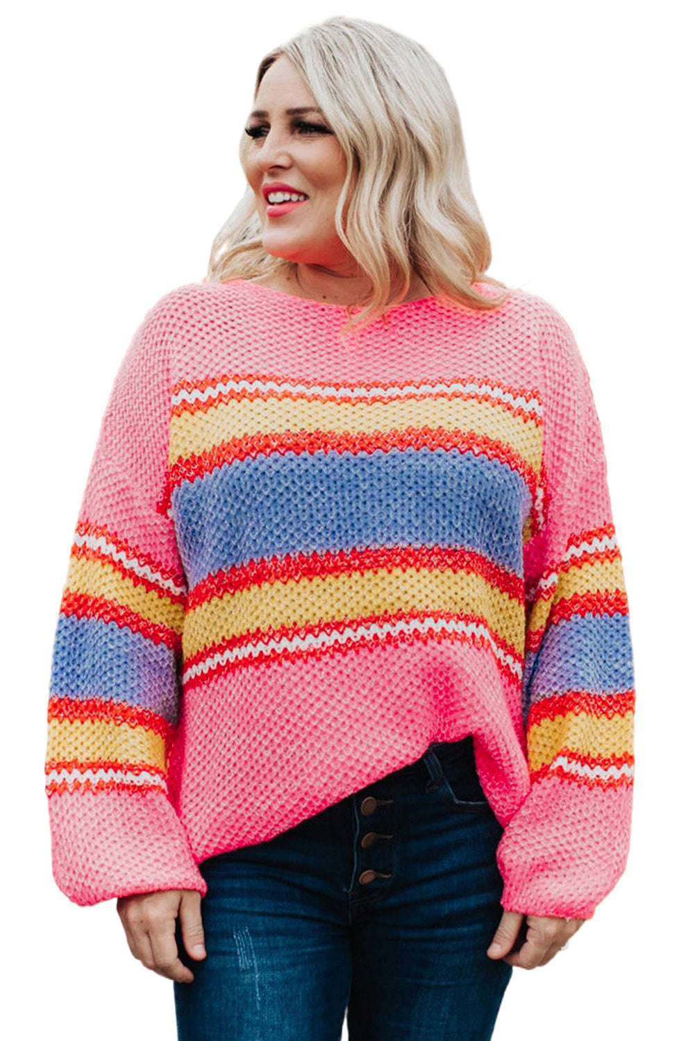 Pearl Pink Plus Size Stripe Oversized Sweater - The Bohemian Closet