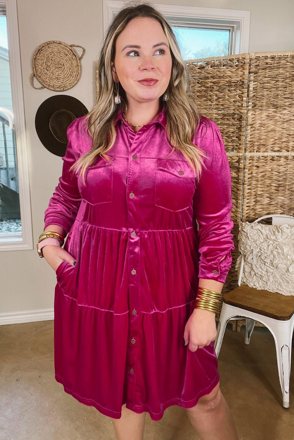 Rose Red Plus Size Velvet Long Sleeve Button-Up Tiered Dress