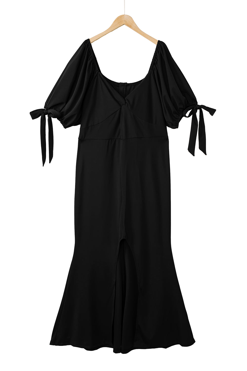Black Bow Tie Puff Sleeve Plus Size High Slit Maxi Dress