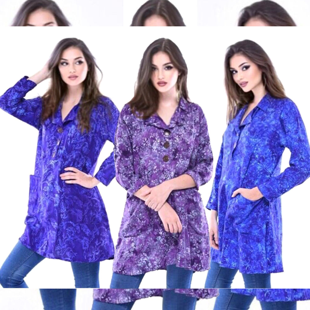 Arya Batik Artsy Notch Collar Top Pocket Long Sleeve Tunic - The Bohemian Closet