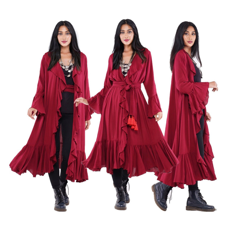 Scarlet Bohemian Ruffle Wrap Kimono Jacket Dress - The Bohemian Closet