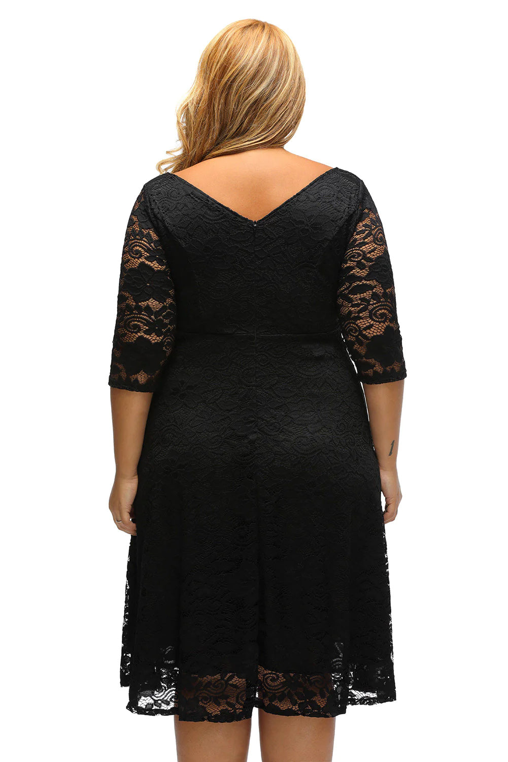 Rina Black Floral Lace Sleeved Fit and Flare Curvy Dress - The Bohemian Closet