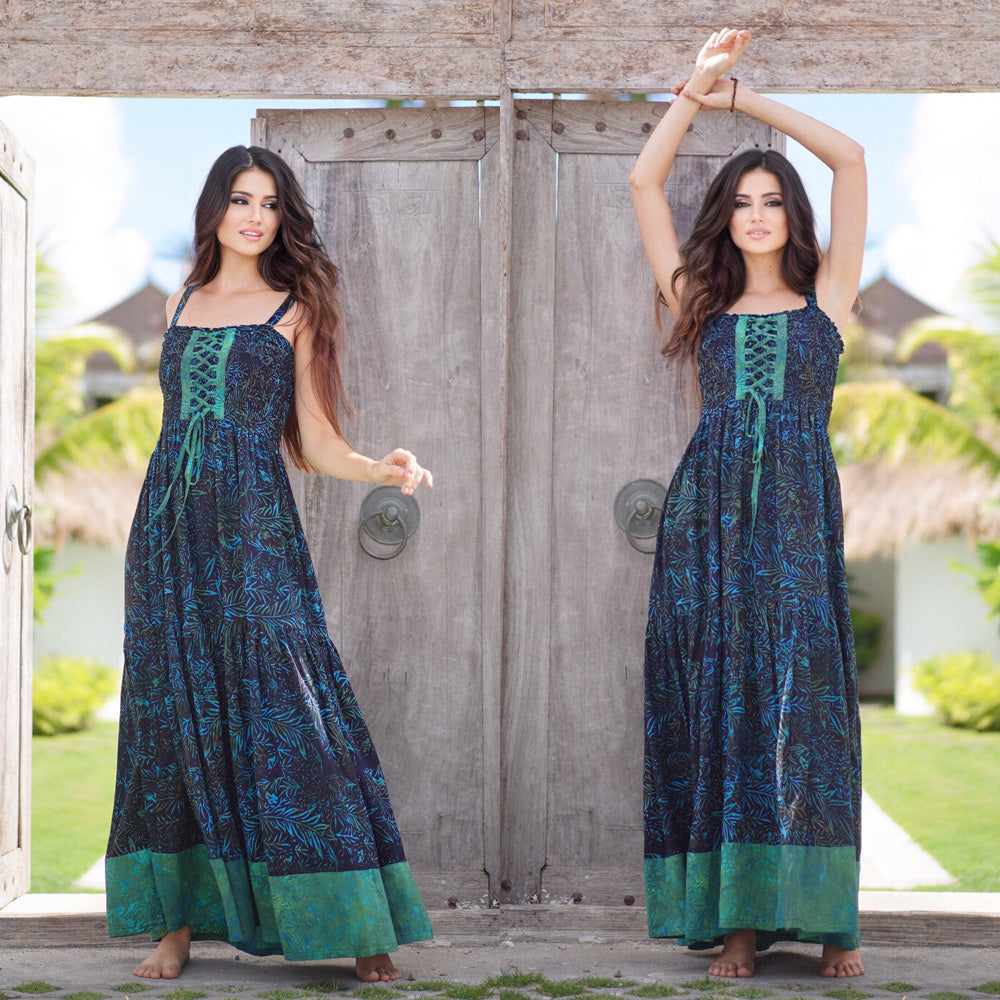 Mariana Boho Lace Up Bodice Bali Batik Maxi Dress