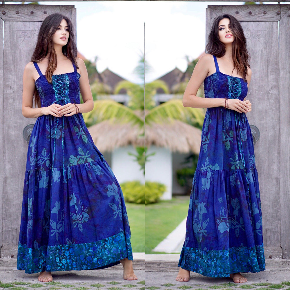 Mariana Boho Lace-Up Bodice Bali Batik Maxi Dress - The Bohemian Closet