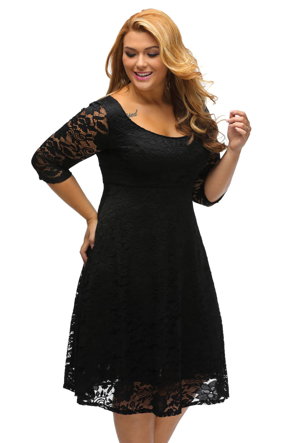 Rina Black Floral Lace Sleeved Fit and Flare Curvy Dress - The Bohemian Closet