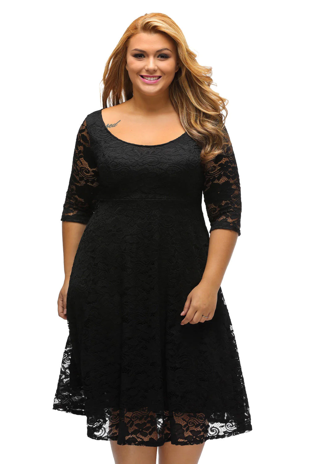 Rina Black Floral Lace Sleeved Fit and Flare Curvy Dress - The Bohemian Closet