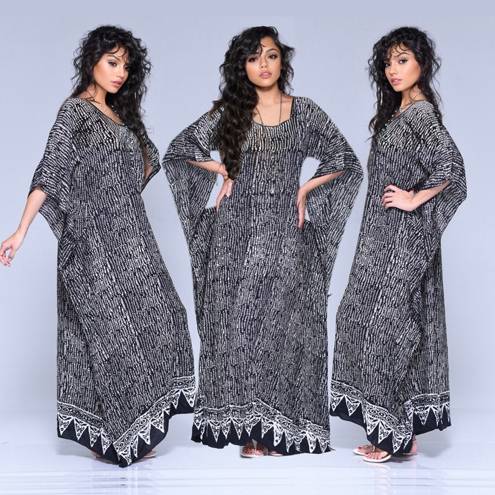 Vanessa Maxi Boho Dress Caftan – Gauzy Batik Figure Flattering - The Bohemian Closet
