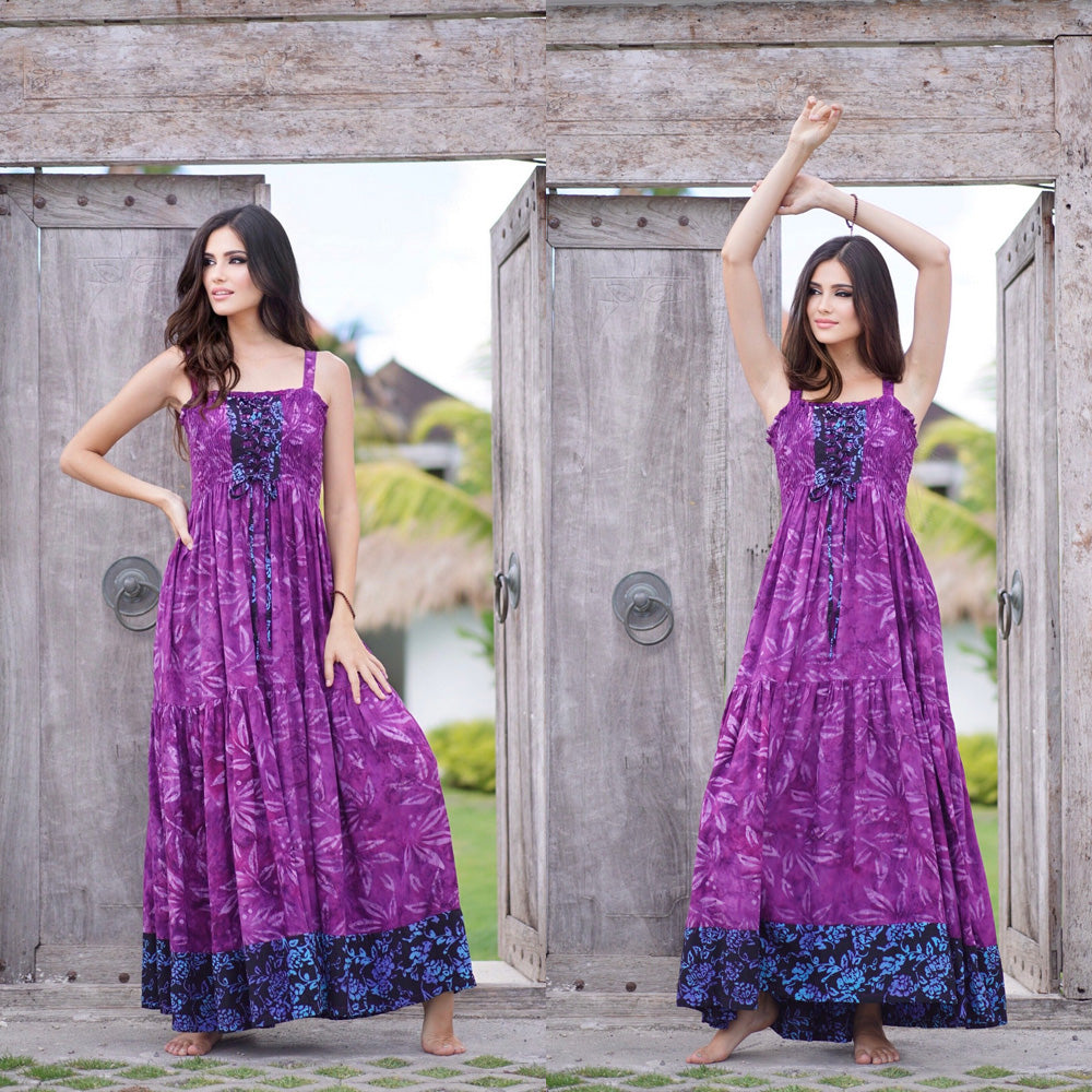 Mariana Boho Lace-Up Bodice Bali Batik Maxi Dress - The Bohemian Closet