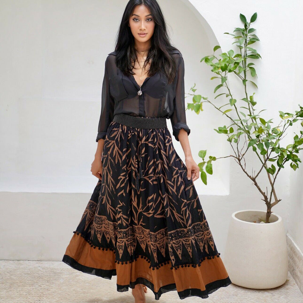 Hayden Pom pom Drawstring Gauzy Batik Maxi Skirt - The Bohemian Closet
