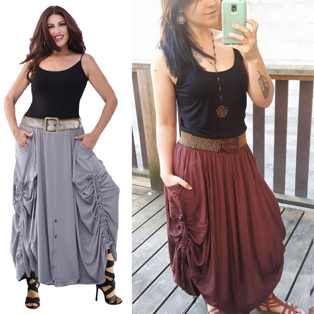 Adriana Elastic Waist Pockets Boho Maxi Skirt - The Bohemian Closet