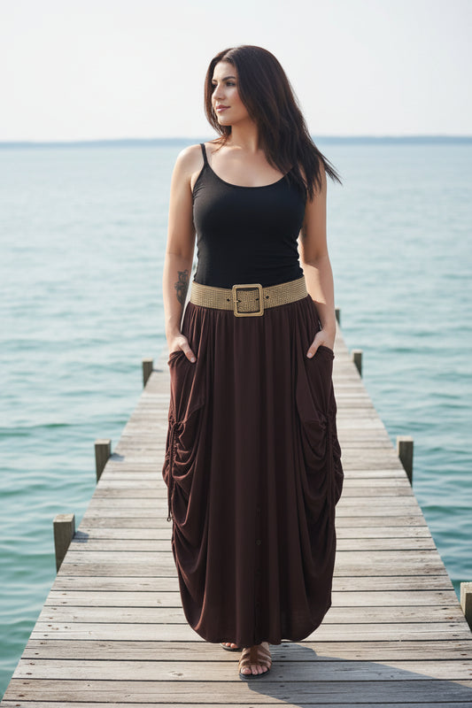 Adriana Elastic Waist Pockets Boho Maxi Skirt - The Bohemian Closet