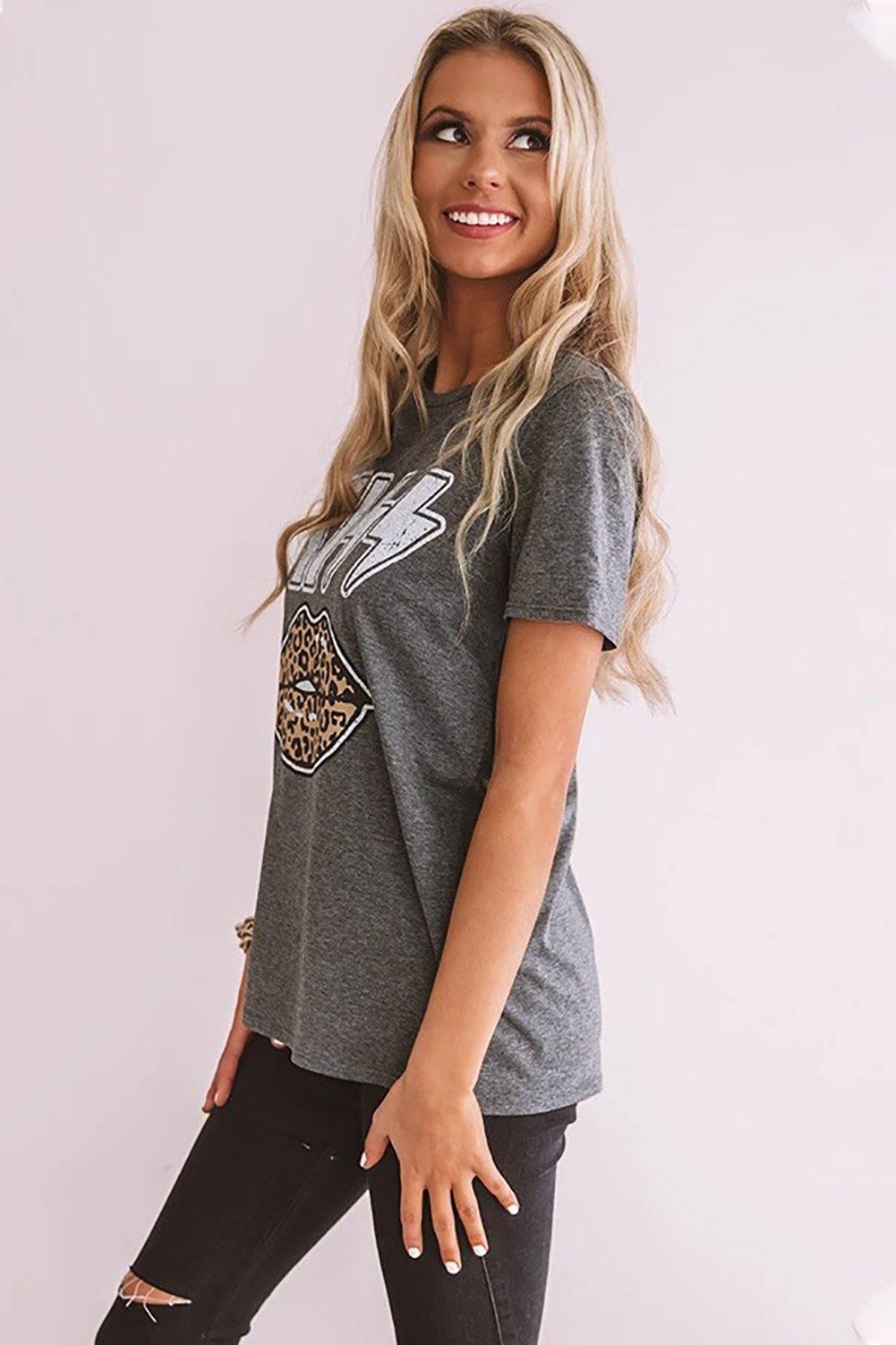 Zoe Kiss Leopard Lip Black T-shirt - The Bohemian Closet