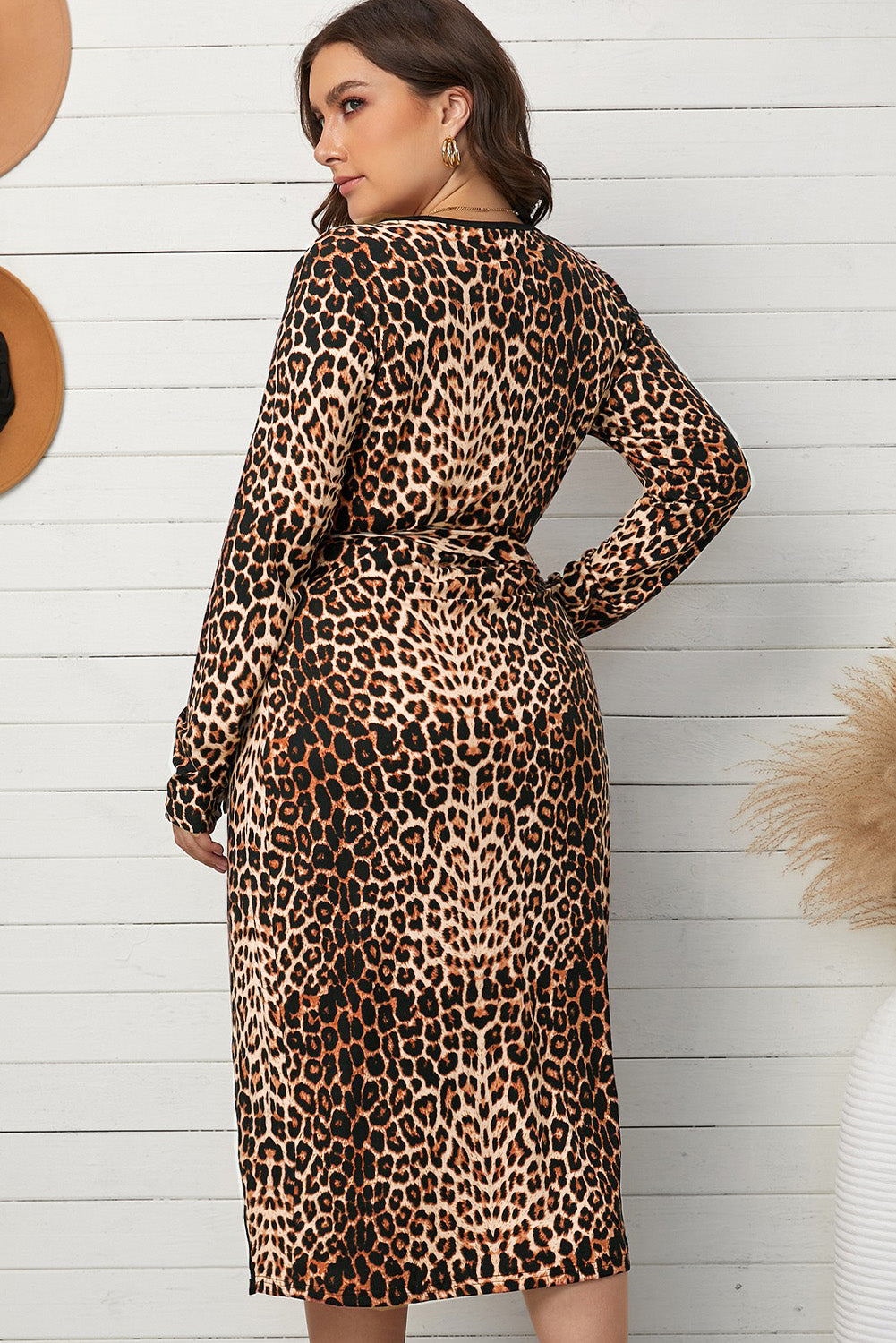Aubrey Leopard Wrap V Neck Plus size Dress with A Slit - The Bohemian Closet