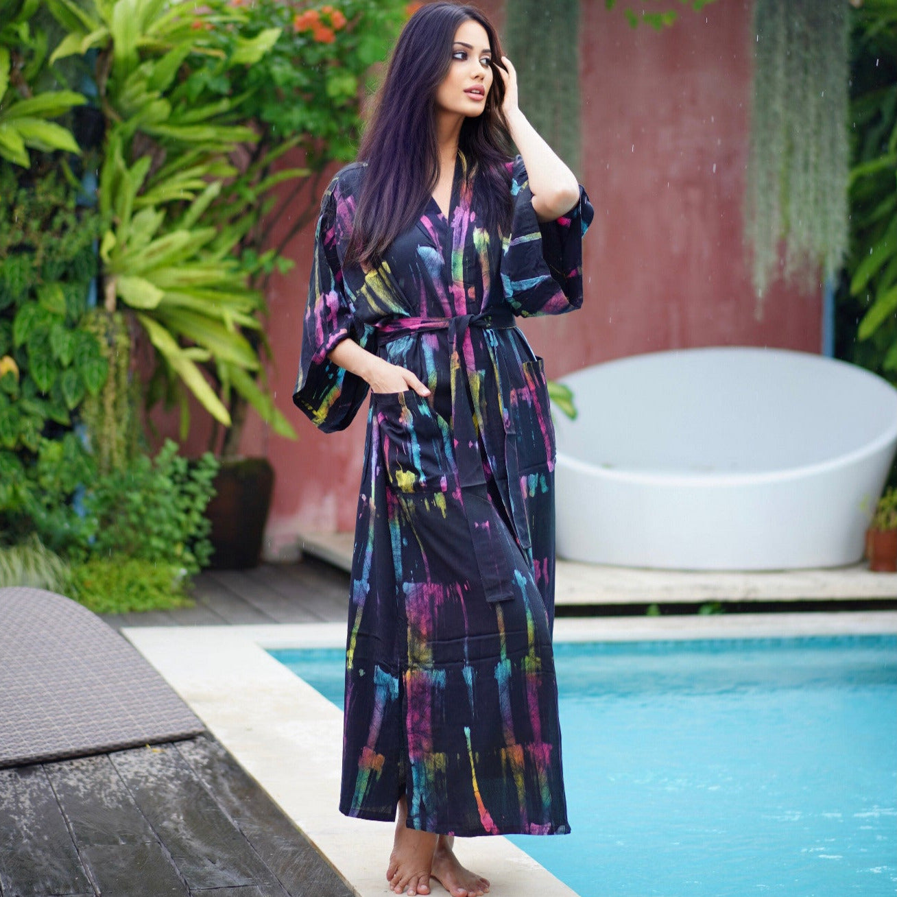 Bohemian Kimono Robe Jacket Belted Maxi Gown Resort Bali Batik - The Bohemian Closet