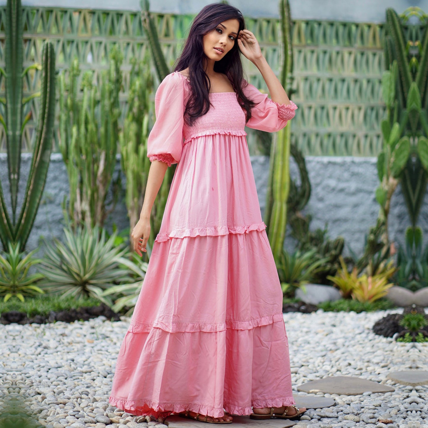 Selena Elasticized Empire Waist Tiered Boho Maxi Dress - The Bohemian Closet