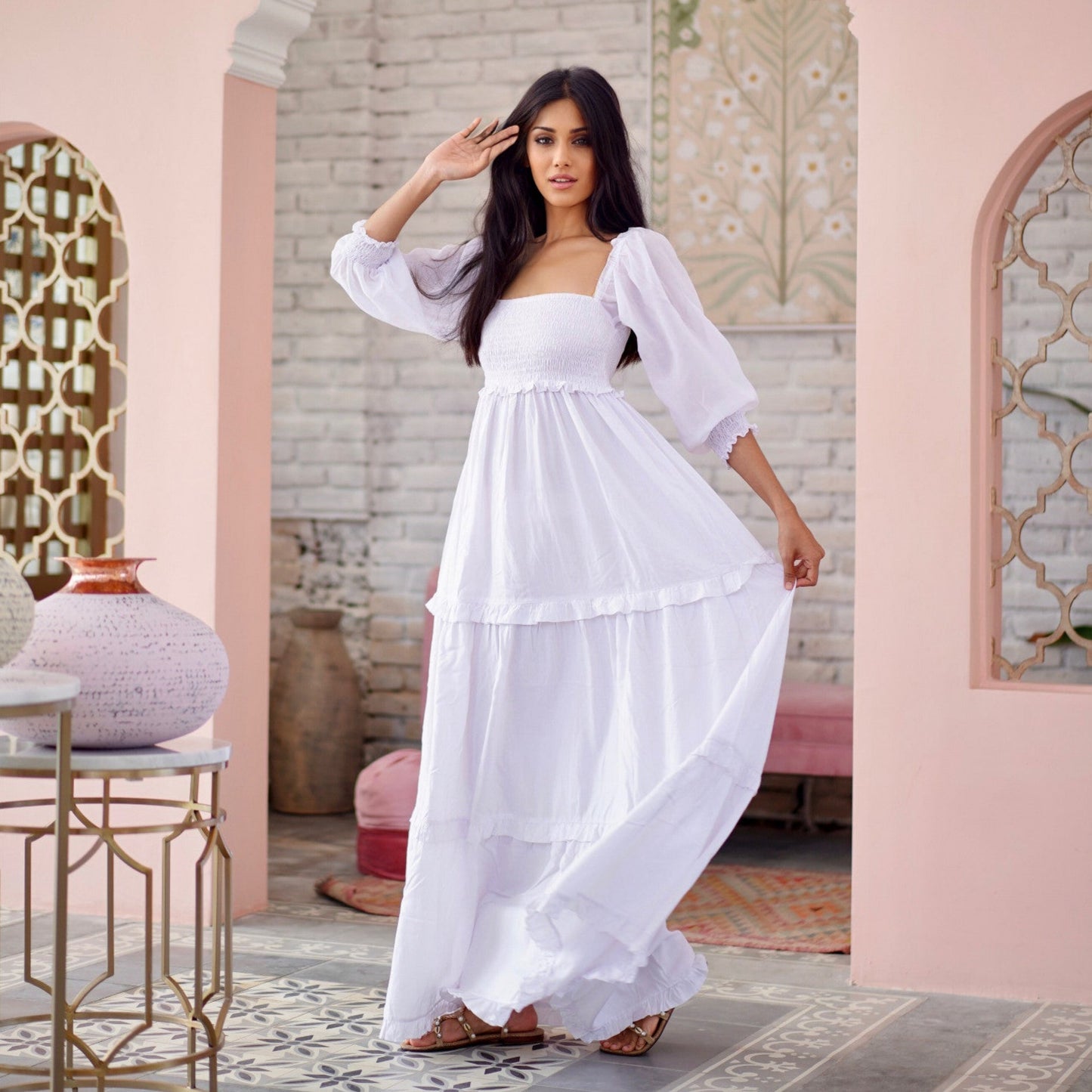 Selena Boho Maxi Dress Elasticized Empire Waist Tiered - The Bohemian Closet