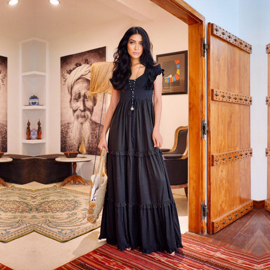 Roma Black Maxi Dress Sexy Resort Cottagecore Gypsy Tiered Holiday Gift - The Bohemian Closet