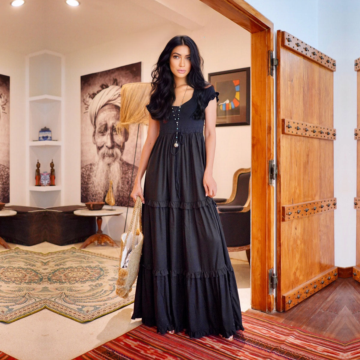 gypsy black dress Roma Cottagecore Tiered Sexy Maxi night dress Organza Open Back Maxi There is a drawstring Size:US14 - Preorder