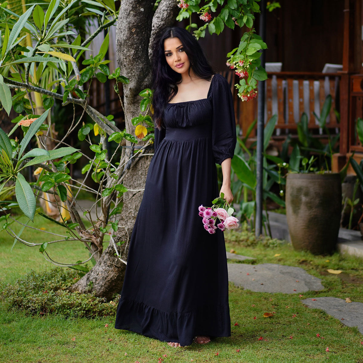 Itzayana Cottagecore Puffy 3 4 sleeve Bohemian Maxi Dress