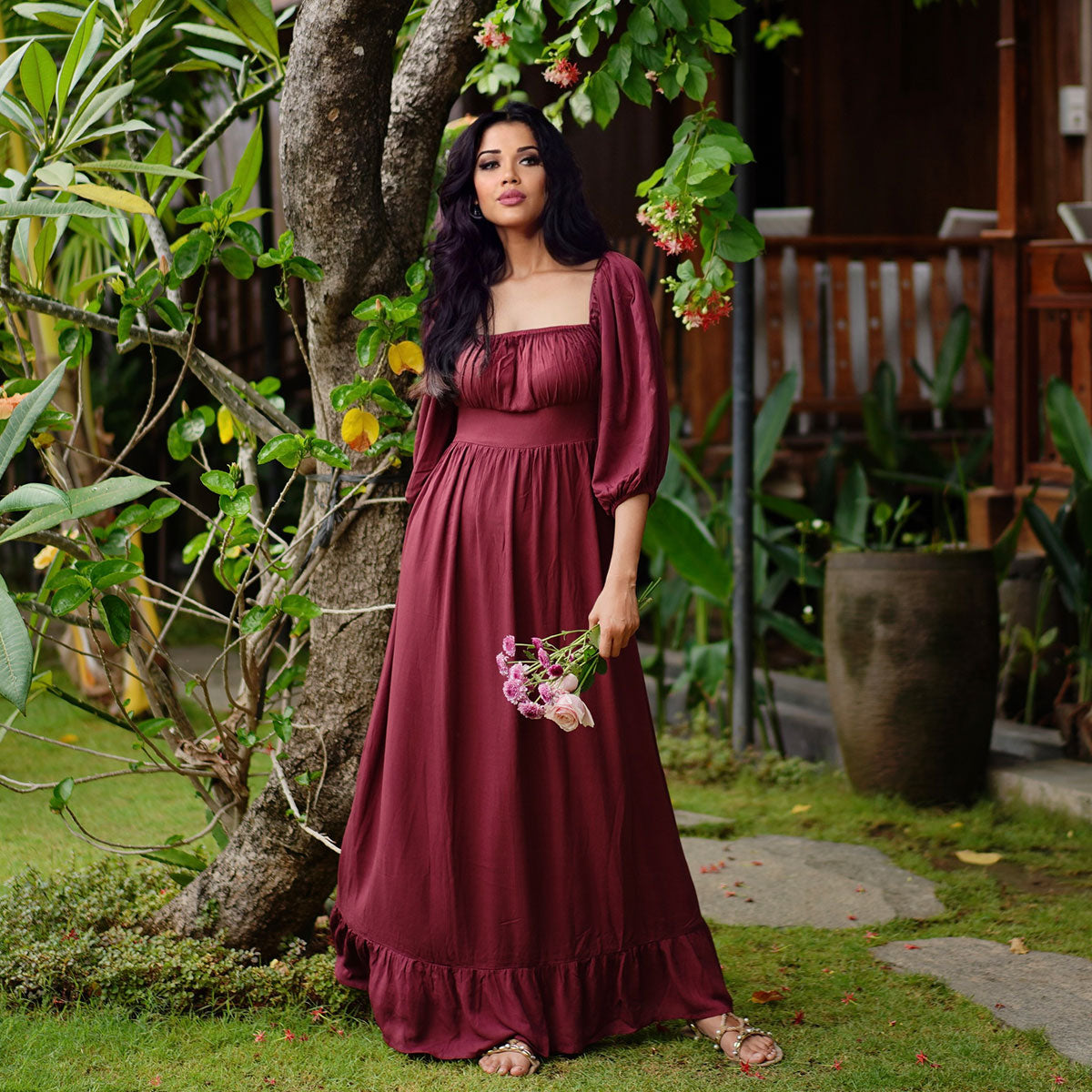 Itzayana Cottagecore Puffy 3/4 sleeve Bohemian Maxi Dress | The Bohemian Closet Itzayana Cottagecore Puffy 3/4 sleeve Bohemian Maxi Dress | The Bohemian Closet