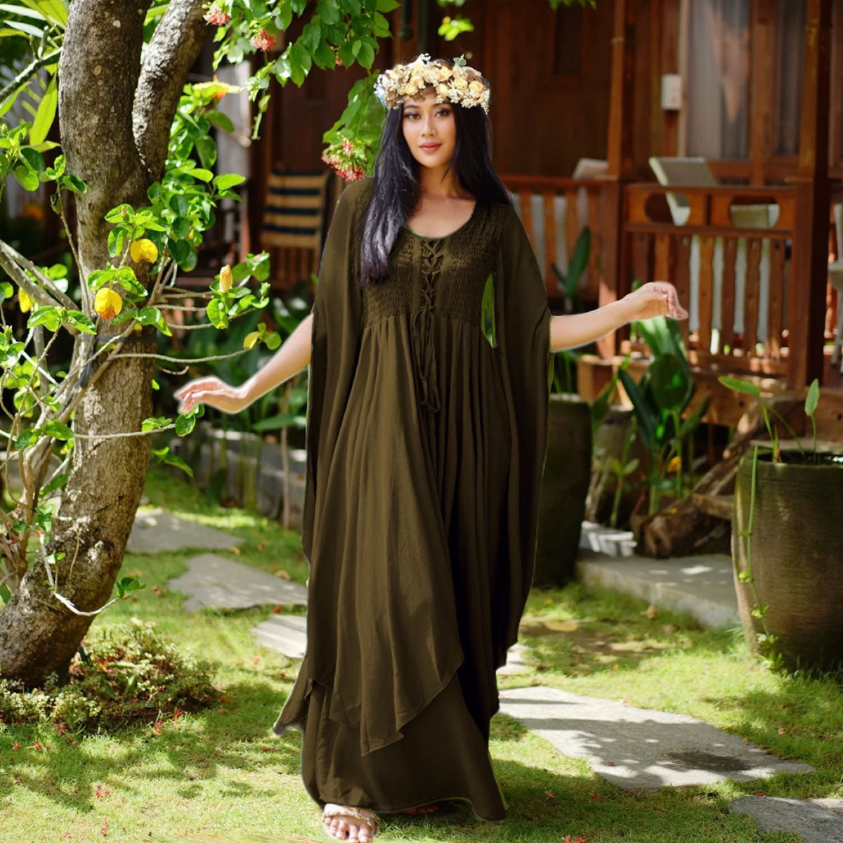Keyla Renaissance Lace Up Smocked Goddess Maxi Dress - The Bohemian Closet