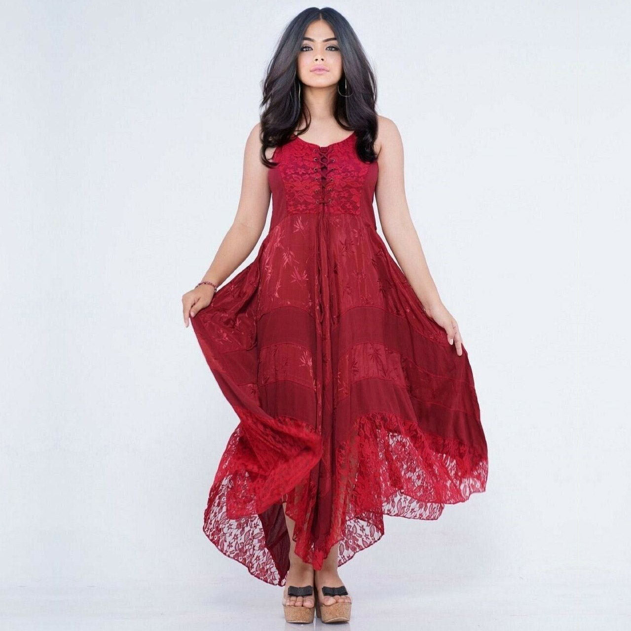 Ximena Victorian Adjustable Lacing Ties Flattering Maxi Dress - The Bohemian Closet
