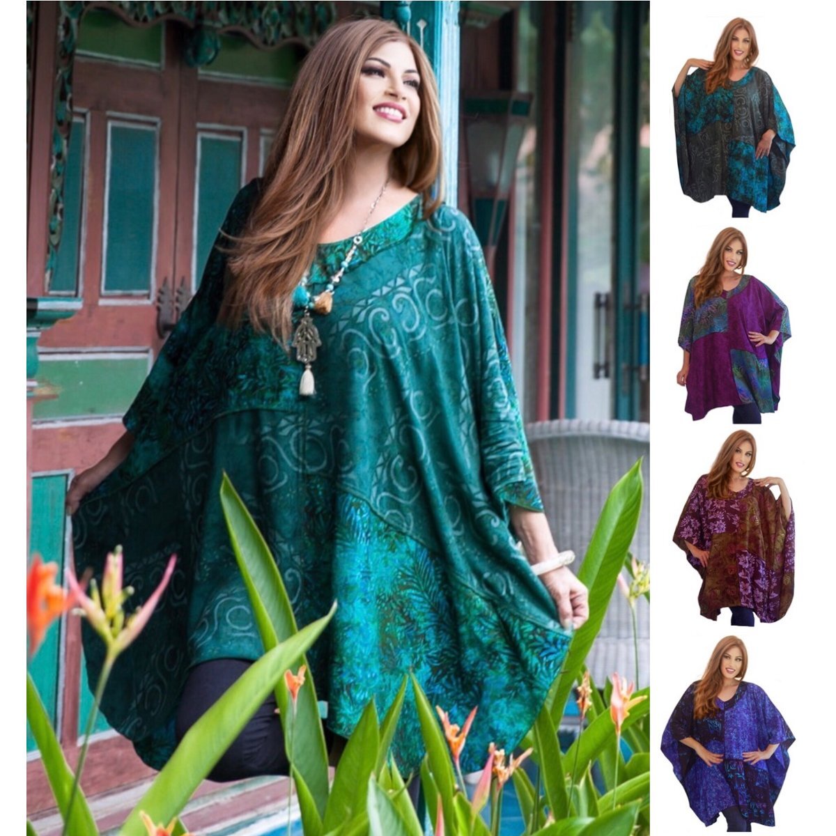 Addilynn Addilynn V-Neck Bohemian Art Batik Patch Poncho Shirt | The Bohemian Closet