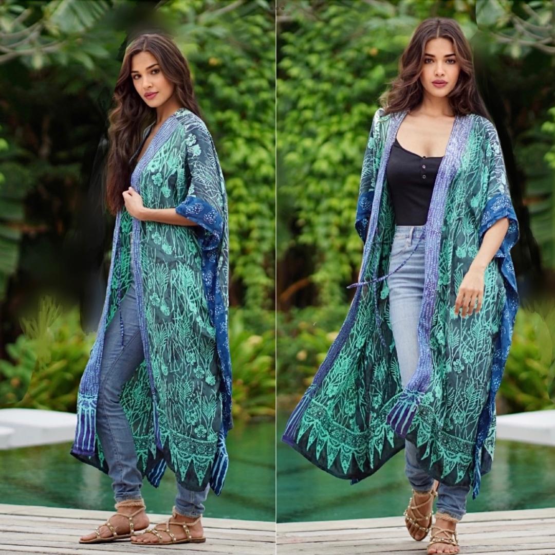 Aimee Knee Length Vertical Patch Gypsy Batik Kimono Jacket - The Bohemian Closet